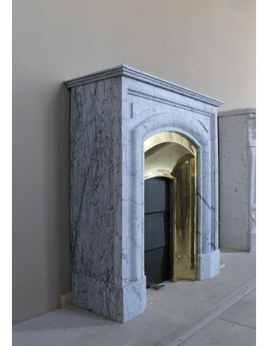 Small "Boudin" fireplace mantel in blue-toned marble with its original gilded brass insert featuring a sliding shutter.