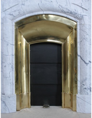 Small "Boudin" fireplace mantel in blue-toned marble with its original gilded brass insert featuring a sliding shutter.