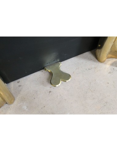 Small "Boudin" fireplace mantel in blue-toned marble with its original gilded brass insert featuring a sliding shutter.