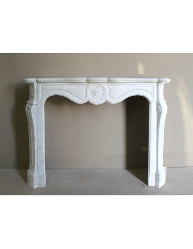 Antique fireplace mantel in Pure White marble, Baroque style, with floral motifs, offered at a discounted price.