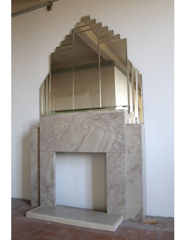 Art Deco fireplace with original mirror, composed of beveled crystal elements. An architectural pair of great design value.