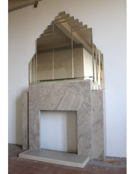 Art Deco fireplace with original mirror, composed of beveled crystal elements. An architectural pair of great design value.