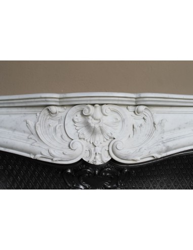 Louis XV “Moustache” fire surround in “Pure White" Carrara marble, complete with cast iron insert featuring floral decorations.