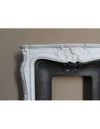 Louis XV “Moustache” fire surround in “Pure White" Carrara marble, complete with cast iron insert featuring floral decorations.