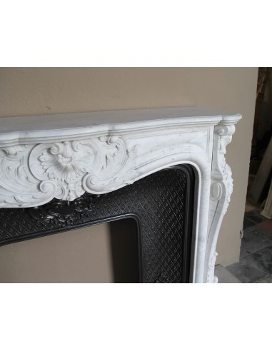 Louis XV “Moustache” fire surround in “Pure White" Carrara marble, complete with cast iron insert featuring floral decorations.
