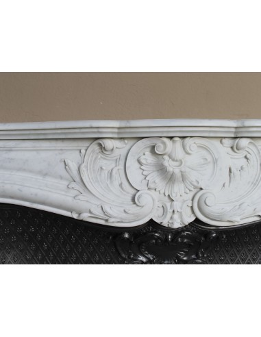 Louis XV “Moustache” fire surround in “Pure White" Carrara marble, complete with cast iron insert featuring floral decorations.