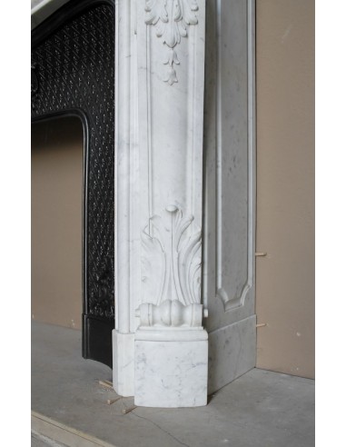 Louis XV “Moustache” fire surround in “Pure White" Carrara marble, complete with cast iron insert featuring floral decorations.