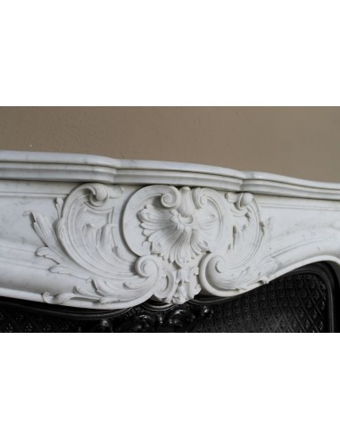 Louis XV “Moustache” fire surround in “Pure White" Carrara marble, complete with cast iron insert featuring floral decorations.
