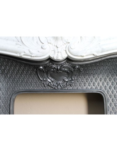 Louis XV “Moustache” fire surround in “Pure White" Carrara marble, complete with cast iron insert featuring floral decorations.
