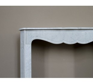 Genuine antique "Pompadour Plat" fireplace mantel in White Carrara marble offered at a low, discounted price. 2