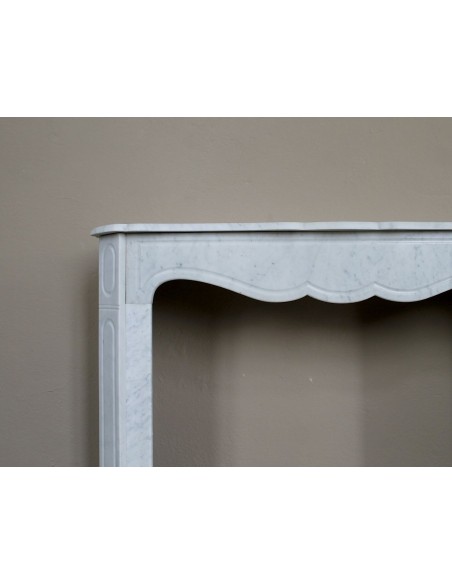 Genuine antique "Pompadour Plat" fireplace mantel in White Carrara marble offered at a low, discounted price.