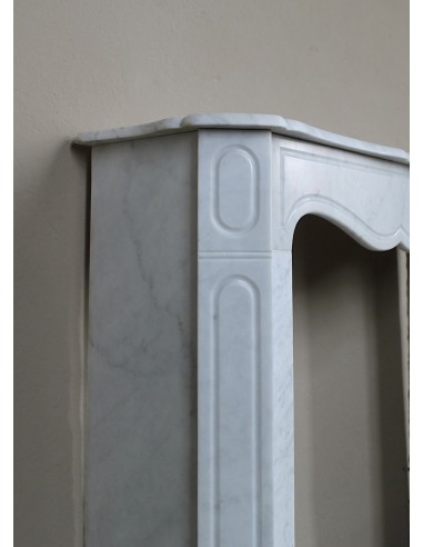Genuine antique "Pompadour Plat" fireplace mantel in White Carrara marble offered at a low, discounted price.