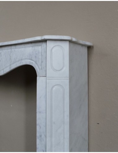 Genuine antique "Pompadour Plat" fireplace mantel in White Carrara marble offered at a low, discounted price.