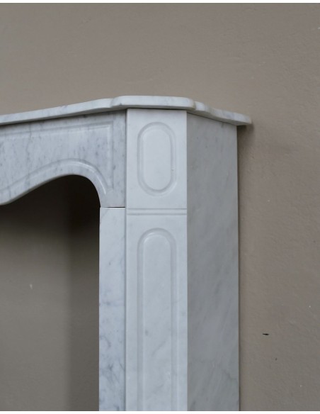 Genuine antique "Pompadour Plat" fireplace mantel in White Carrara marble offered at a low, discounted price.