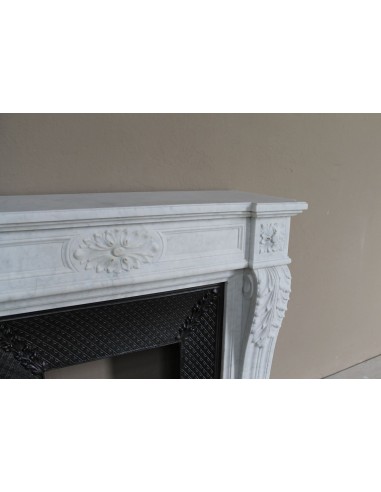 Neoclassical "Trois Fleurs" fireplace mantel in white marble with cast iron insert, small size and rich decorative detailing.