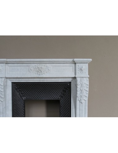 Neoclassical "Trois Fleurs" fireplace mantel in white marble with cast iron insert, small size and rich decorative detailing.