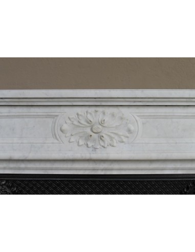 Neoclassical "Trois Fleurs" fireplace mantel in white marble with cast iron insert, small size and rich decorative detailing.