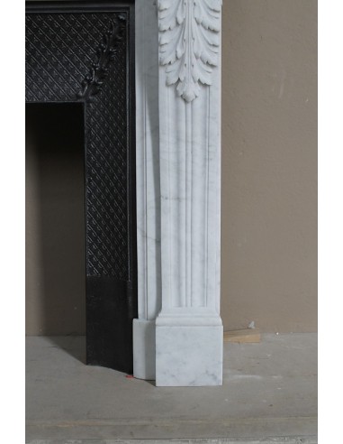 Neoclassical "Trois Fleurs" fireplace mantel in white marble with cast iron insert, small size and rich decorative detailing.
