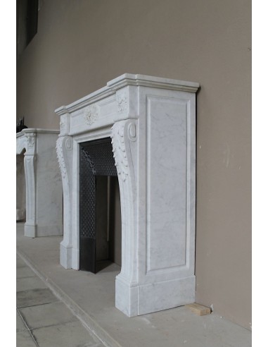 Neoclassical "Trois Fleurs" fireplace mantel in white marble with cast iron insert, small size and rich decorative detailing.