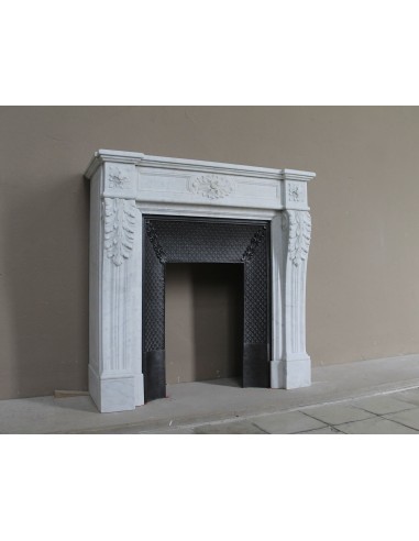 Neoclassical "Trois Fleurs" fireplace mantel in white marble with cast iron insert, small size and rich decorative detailing.