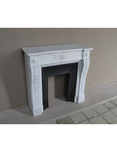 Neoclassical "Trois Fleurs" fireplace mantel in white marble with cast iron insert, small size and rich decorative detailing.