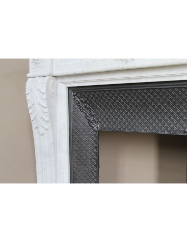 Neoclassical "Trois Fleurs" fireplace mantel in white marble with cast iron insert, small size and rich decorative detailing.