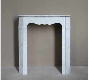 Very small and charming antique Pompadour Plat fireplace mantel carved in white Carrara marble.