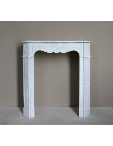 Very small and charming antique Pompadour Plat fireplace mantel carved in white Carrara marble.