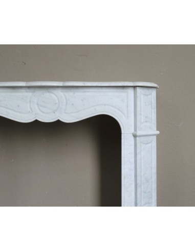 Very small and charming antique Pompadour Plat fireplace mantel carved in white Carrara marble.