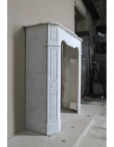 Very small and charming antique Pompadour Plat fireplace mantel carved in white Carrara marble.