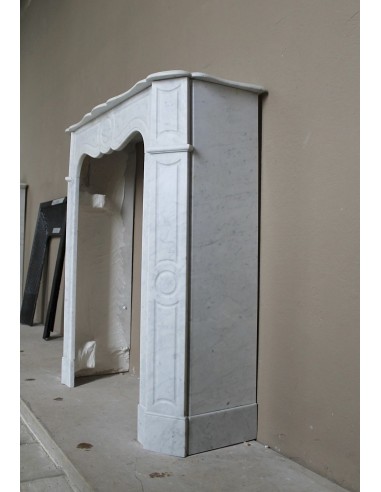 Very small and charming antique Pompadour Plat fireplace mantel carved in white Carrara marble.