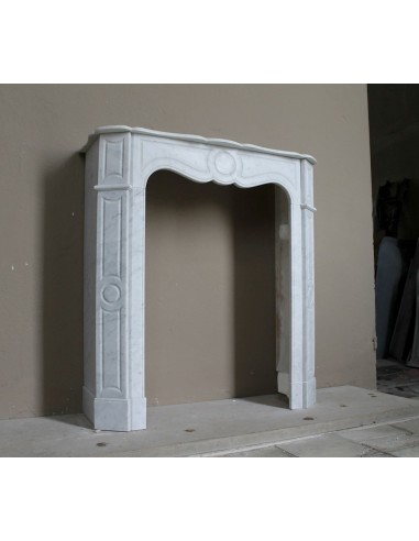 Very small and charming antique Pompadour Plat fireplace mantel carved in white Carrara marble.