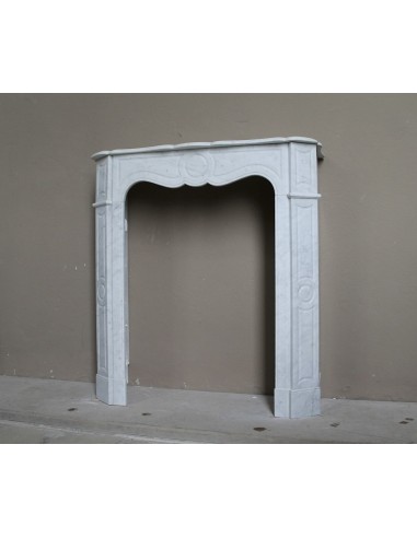 Very small and charming antique Pompadour Plat fireplace mantel carved in white Carrara marble.