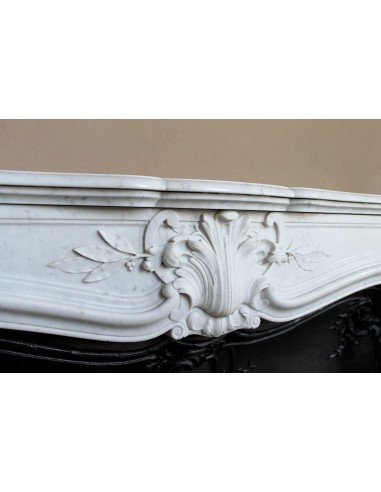 A refined antique white marble mantel in the Baroque style, carved with floral motifs, with its original cast iron insert.