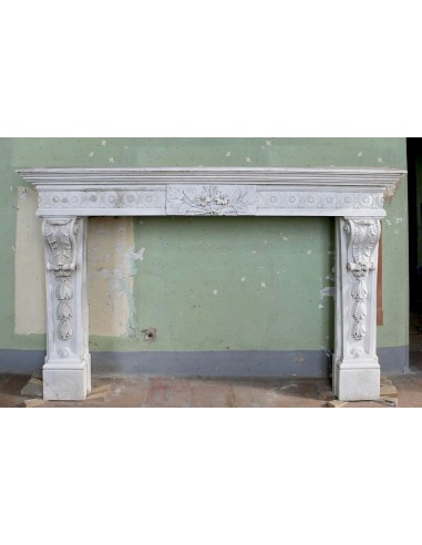 Exceptional large-scale Neoclassical fireplace carved in white Carrara marble. This model can also be found at Versailles.