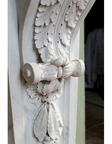 Exceptional large-scale Neoclassical fireplace mantel carved in white Carrara marble. This model can also be found at Versailles