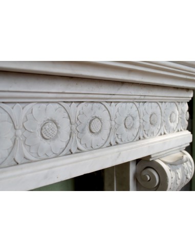Exceptional large-scale Neoclassical fireplace mantel carved in white Carrara marble. This model can also be found at Versailles