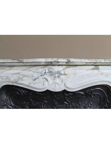 An antique refined Louis XV “Coquille” fireplace mantel in Calacatta Gold marble with its original floral cast-iron insert.
