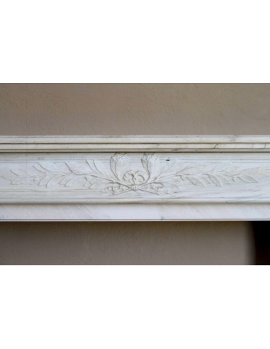 Antique Neoclassical fireplace mantel with olive branch decoration in Cremo Delicato marble, offered at a discounted price.