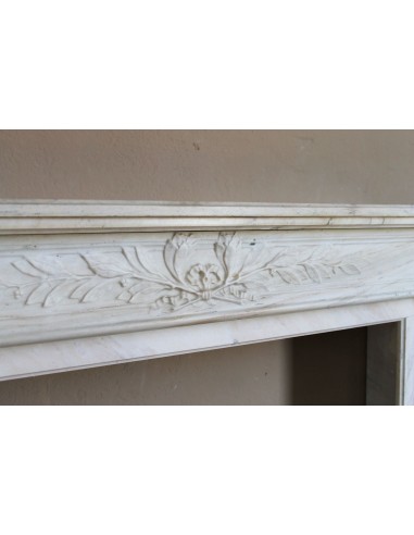 Antique Neoclassical fireplace mantel with olive branch decoration in Cremo Delicato marble, offered at a discounted price.