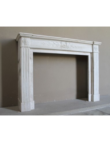 Antique Neoclassical fireplace mantel with olive branch decoration in Cremo Delicato marble, offered at a discounted price.