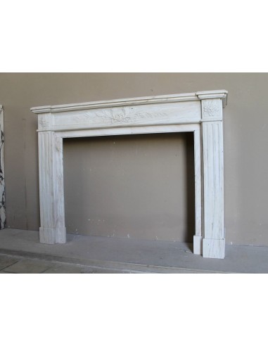 Antique Neoclassical fireplace mantel with olive branch decoration in Cremo Delicato marble, offered at a discounted price.