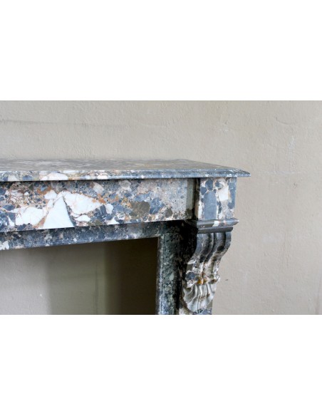 Antique “Palmettes” fireplace in a charmingly compact size, carved in Black marble with richly varied multicoloured veining.