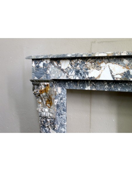Antique “Palmettes” fireplace in a charmingly compact size, carved in Black marble with richly varied multicoloured veining.
