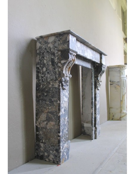 Antique “Palmettes” fireplace in a charmingly compact size, carved in Black marble with richly varied multicoloured veining.