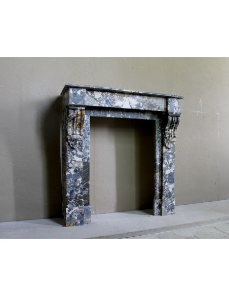 Antique “Palmettes” fireplace in a charmingly compact size, carved in Black marble with richly varied multicoloured veining.