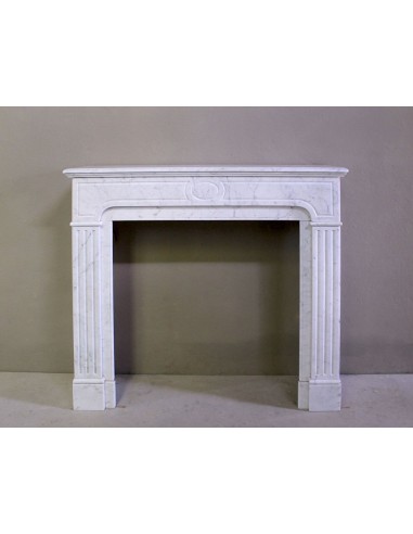 Antique Neoclassical fireplace mantel in White Carrara marble, with clean, elegant lines, available at a discounted price.