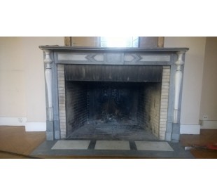 Antique fireplace mantel, Directoire style, carved in White Statuary Carrara and Bardiglio Blue marble.