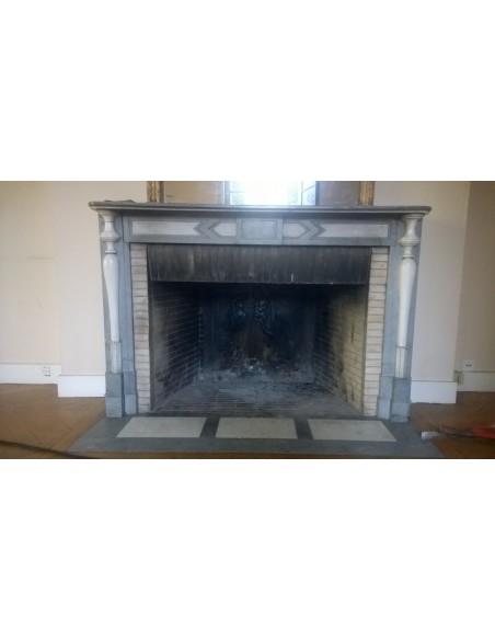 Antique fireplace mantel, Directoire style, carved in White Statuary Carrara and Bardiglio Blue marble.
