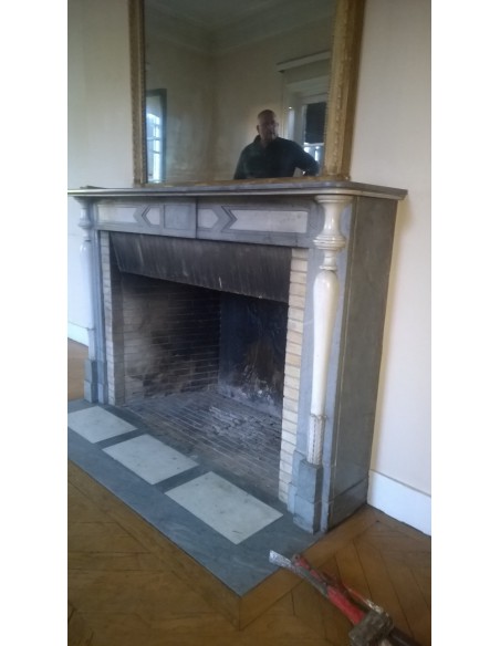 828 AG ANTIQUE REFINED DIRECTOIRE-STYLE FIREPLACE MANTEL CARVED IN WHITE STATUARY AND BLU BARDIGLIO MARBLE